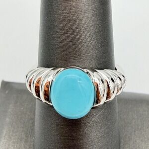 Vtg QVC Affinity Turquoise 925 EA Sterling Silver Ring Modernist Ribbed Sz7